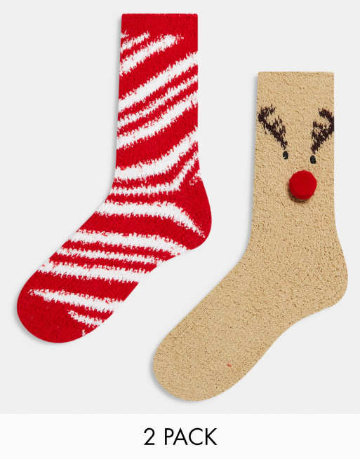 Pack de 2 pares de calcetines de varios colores con diseños navideños de bastones de caramelo y renos de punto mullido de Pieces