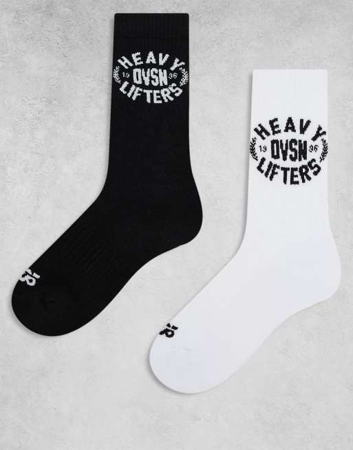 Pack de 2 pares de calcetines deportivos de color negro y blanco de caña alta con estampado gráfico de 4505