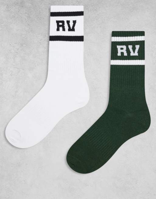 Pack de 2 pares de calcetines deportivos unisex blancos y verdes con diseño a rayas de Reclaimed Vintage