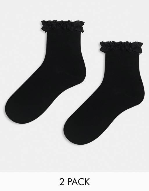 Pack de 2 pares de calcetines negros con volantes en el borde de ASOS DESIGN