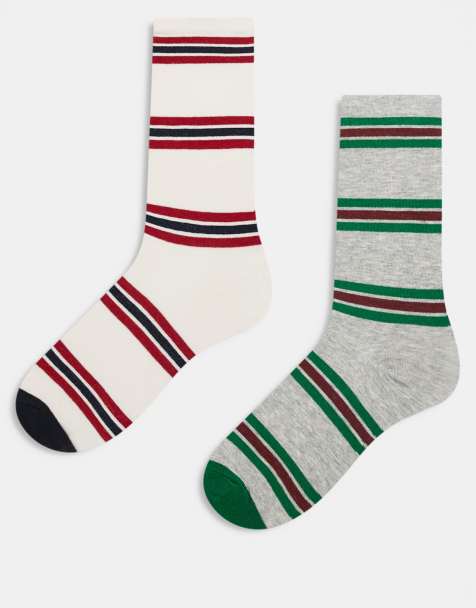Pack de 2 pares de calcetines tobilleros de color blanco con rayas rojas y de color gris con rayas verdes de Reclaimed Vintage - view 1