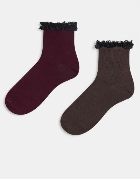 Pack de 2 pares de calcetines tobilleros de color burdeos y marrón chocolate con volante en el borde de ASOS DESIGN - view 1