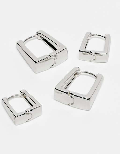 Pack de 2 pares de pendientes de aro cuadrados con bisagra chapados en plata de ASOS DESIGN, 3 de 4
