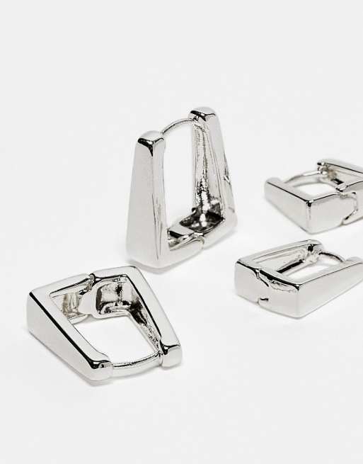 Pack de 2 pares de pendientes de aro cuadrados con bisagra chapados en plata de ASOS DESIGN, 4 de 4