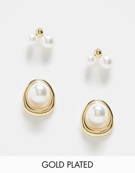 Pack de 2 pares de pendientes dorados de botón y charm de perla de PIECES - view 1