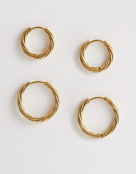 Pack de 2 pendientes de aro pequeños dorados con diseño retorcido de acero inoxidable resistente al agua de ASOS DESIGN - view 1