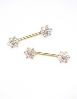 Pack de 2 piercings para el pezón dorados de acero quirúrgico chapado en oro con diseño floral de circonitas de Lovisa - view 1
