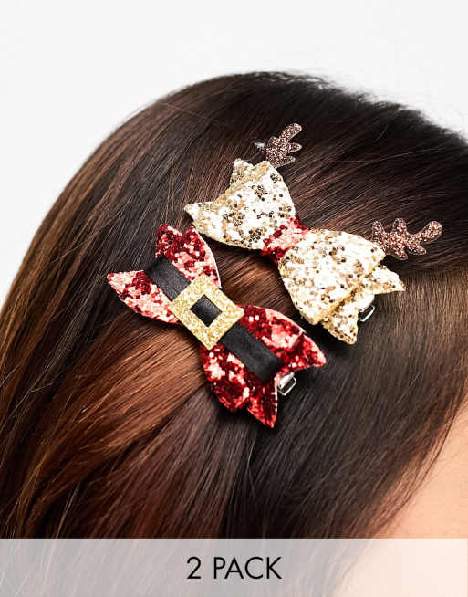 Pack de 2 pinzas para el cabello de color rojo y dorado con diseño de lazo con purpurina de Accessorize
