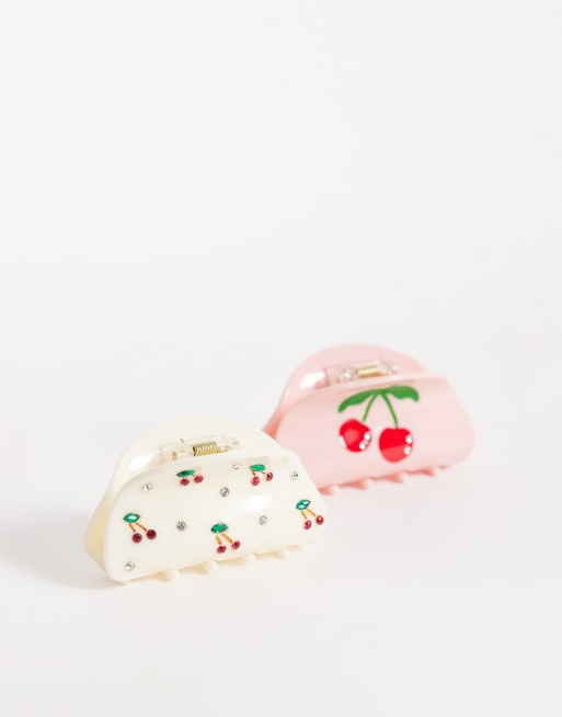 Pack de 2 pinzas para el cabello de varios colores con estampado de cerezas y detalle de cristales de Accessorize