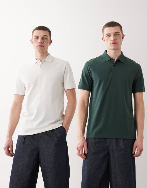 Pack de 2 polos color crema y verde oscuro básicos de corte estándar de piqué de ASOS DESIGN