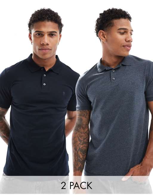 Pack de 2 polos de color azul marino y jaspeado de manga corta de French Connection ASOS