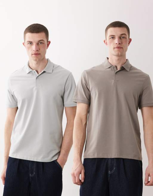 Pack de 2 polos de color piedra y gris básicos de corte estándar de piqué Essentials de ASOS DESIGN