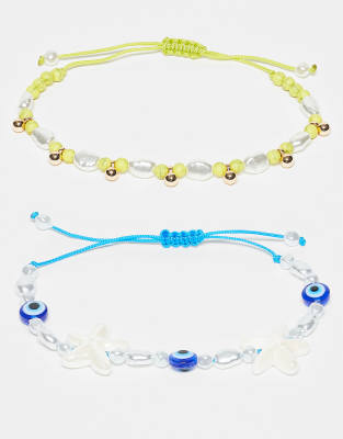 Pack de 2 pulseras de color azul y verde con cuentas y charms de ASOS DESIGN - view 1