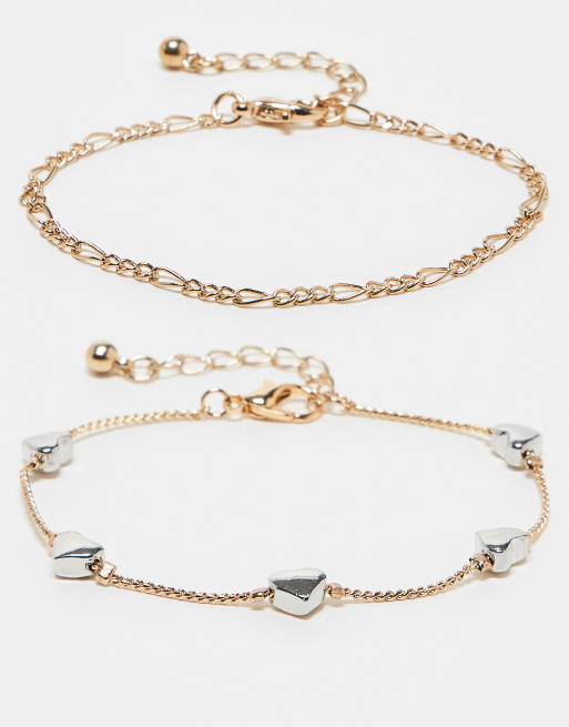 Pack de 2 pulseras doradas de cadena con charms de corazones de Reclaimed Vintage
