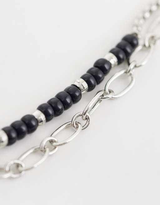 Pack de 2 pulseras plateadas de cadena estilo cuerda con cuentas negras y eslabones ovalados de ASOS DESIGN, 2 de 3