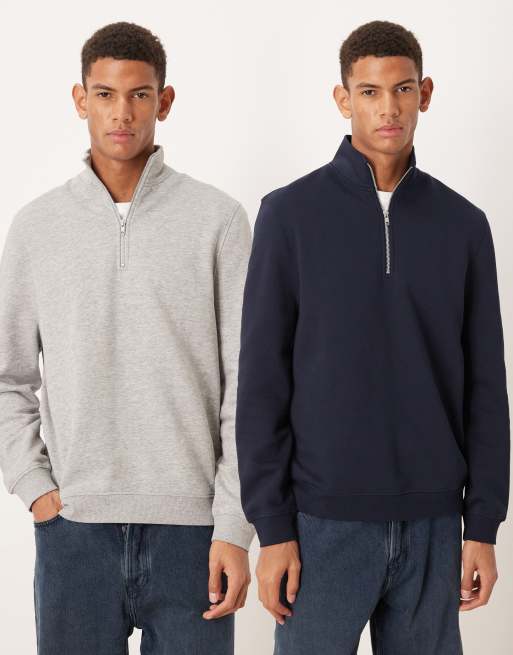Pack de 2 sudaderas de color azul marino y gris jaspeado básicas con cremallera corta de ASOS DESIGN