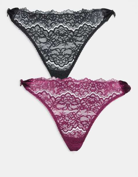 Pack de 2 tangas de color magenta y negro con detalle de lazos de encaje de ASOS DESIGN Curve - view 1