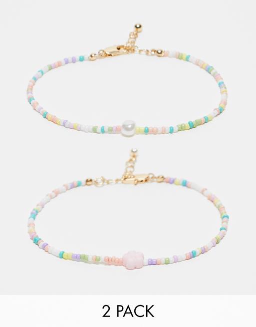 Pack de 2 tobilleras multicolores de cuentas pequeñas con detalle de perlas de PIECES