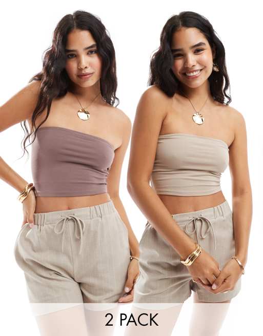 Pack de 2 tops cortos de color piedra y topo con escote palabra de honor Ultimate de ASOS DESIGN