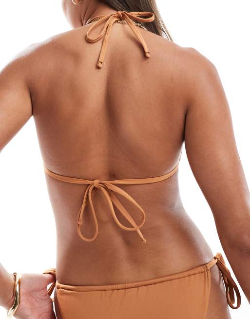 Pack de tops de bikini de color camel y con estampado animal