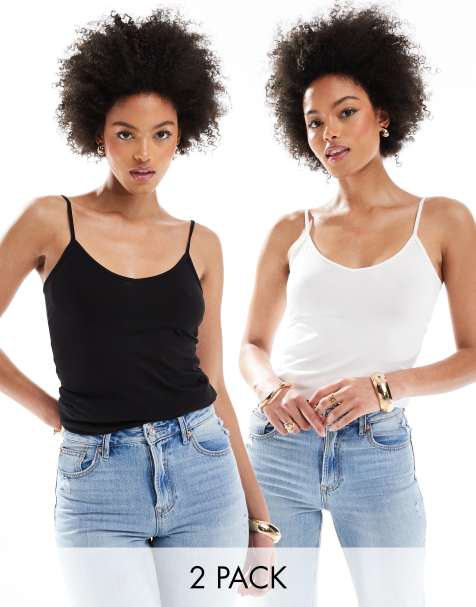 Pack de 2 tops de color blanco y negro de tirantes de punto de Vero Moda Tall - view 1