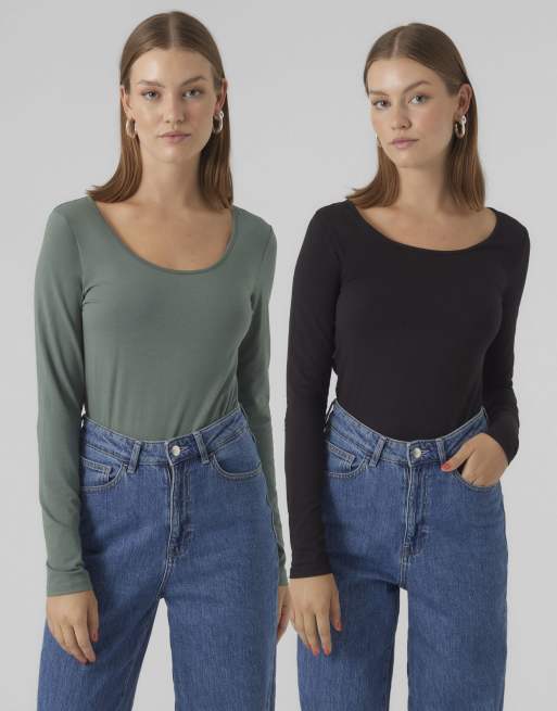 Pack de 2 tops de color verde y negro de manga larga de Vero Moda