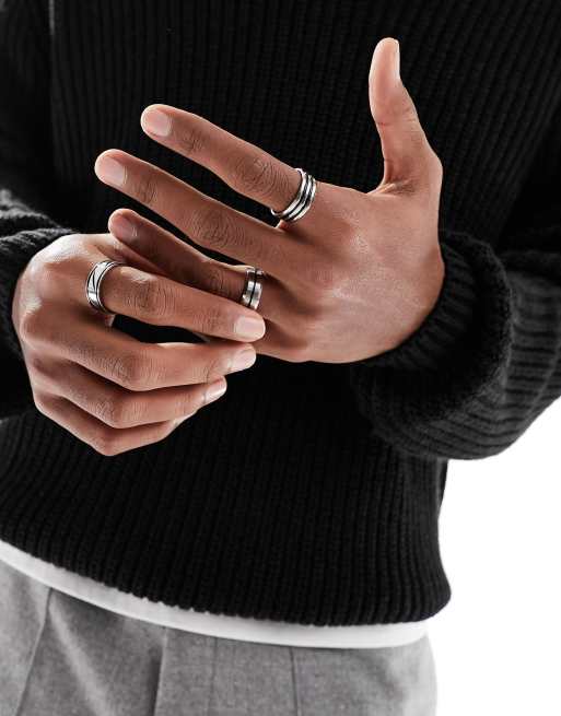 Pack de 3 anillos de tono plateado pulido con detalles en relieve de acero inoxidable resistente al agua de ASOS DESIGN