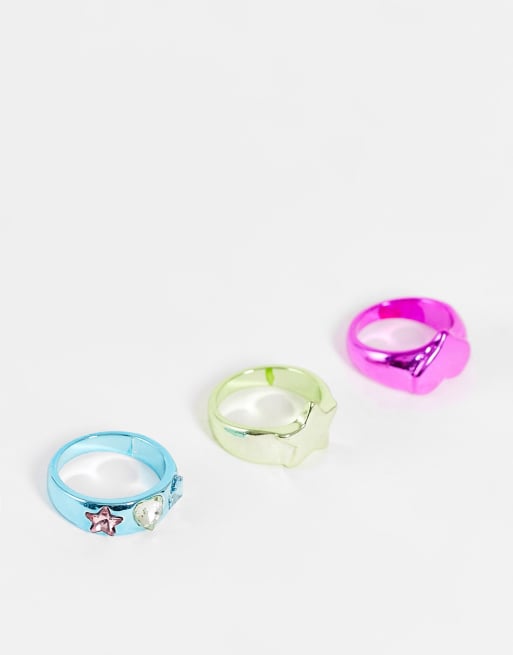 Pack de 3 anillos de varios colores con diseño recubierto de ASOS DESIGN