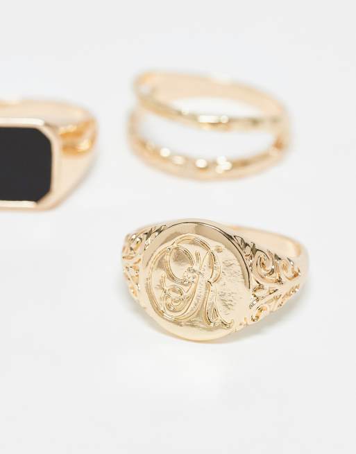 Pack de 3 anillos dorados tipo sello con detalle negro de ASOS DESIGN  , 2 de 3