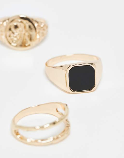 Pack de 3 anillos dorados tipo sello con detalle negro de ASOS DESIGN  , 3 de 3