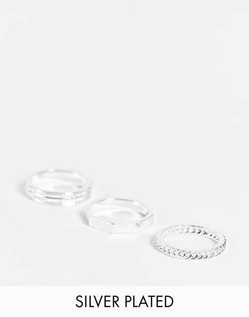 Pack de 3 anillos finos con detalles texturizados chapados en plata auténtica de ASOS DESIGN