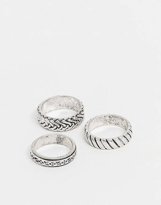 Hombre Other | Pack de 3 anillos plateado pulido con diseños grabados de ASOS DESIGN - VY71278