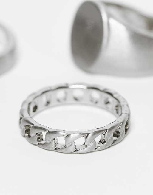 Pack de 3 anillos plateados con diseño tipo sello, de cadena y acabado cepillado de ASOS DESIGN  , 3 de 3