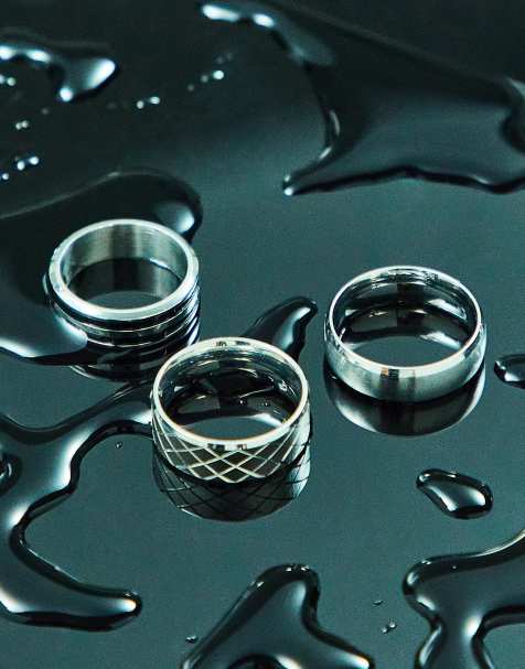 Pack de 3 anillos plateados de acero inoxidable resistente al agua de ASOS DESIGN - view 1