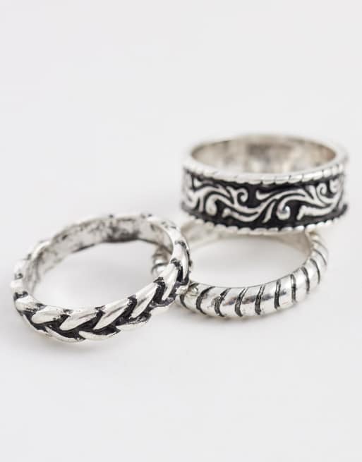 Pack de 3 anillos plateados de banda con diseños texturizados y decorativos de ASOS DESIGN, 3 de 3