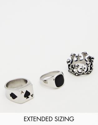Pack de 3 anillos plateados tipo sello con diseño de as de picas y detalle de piedra de acero inoxidable de ASOS DESIGN