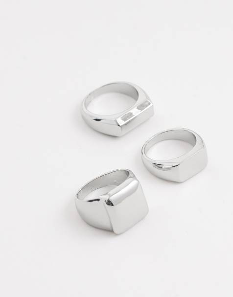 Pack de 3 anillos plateados tipo sello con parte superior plana de ASOS DESIGN - view 1