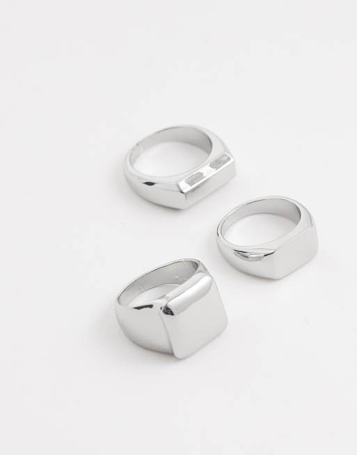 Pack de 3 anillos plateados tipo sello con parte superior plana de ASOS DESIGN