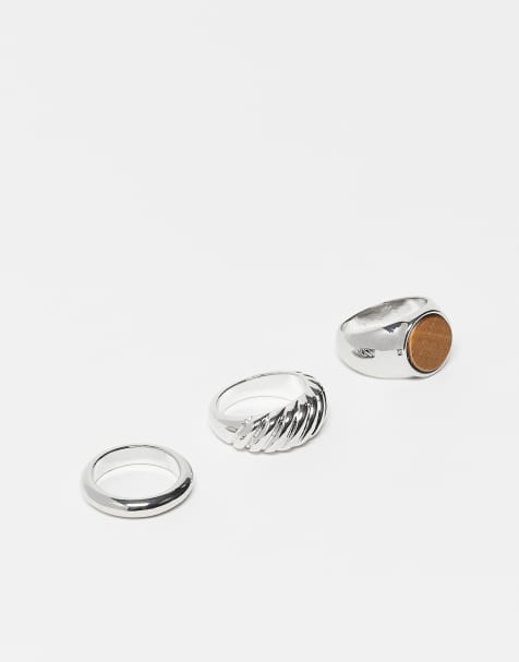 Pack de 3 anillos plateados unisex con piedra semipreciosa de ojo de tigre de Reclaimed Vintage - view 1