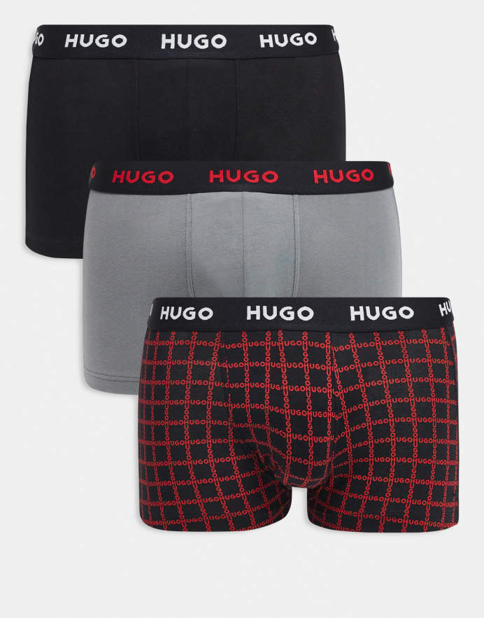Hugo Red Pack de 3 calzoncillos de color gris, negro y con estampado rojo con cinturillas del logo de