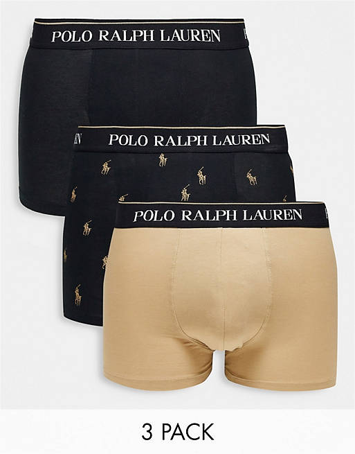 La playa alma Salón Pack de 3 calzoncillos de color negro, tostado y con estampado integral del  logo de caballo de Polo Ralph Lauren | ASOS