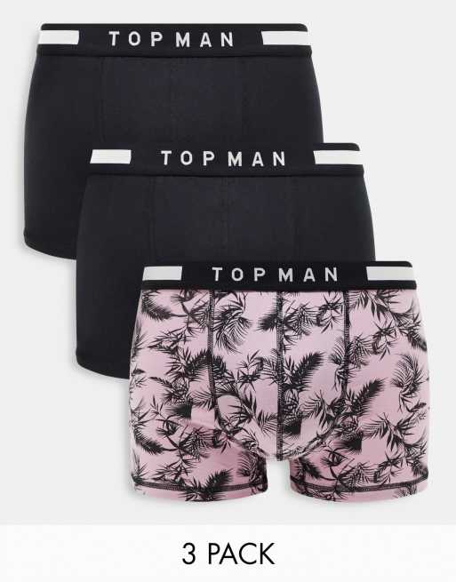 Pack de 3 calzoncillos de color negro y estampado de palmeras con cinturillas negras de Topman