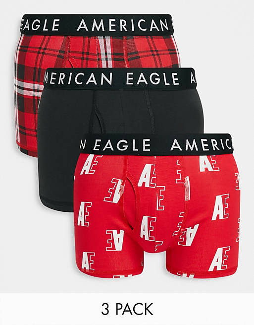 Simplemente desbordando Instrumento Carrera Pack de 3 calzoncillos de diseño negro liso, rojo a cuadros y rojo con  estampado integral del logo de American Eagle | ASOS