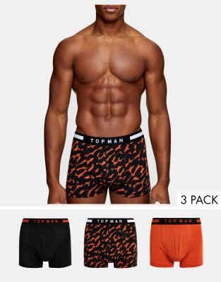 Pack de 3 calzoncillos en color naranja, negro y estampado de leopardo de Topman