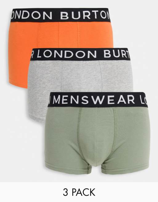 Pack de 3 calzoncillos naranjas de talle bajo con logo de Burton Menswear