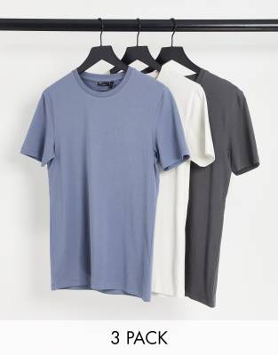 Pack de 3 camisetas ajustadas de color azul, crema y gris con cuello redondo de ASOS DESIGN