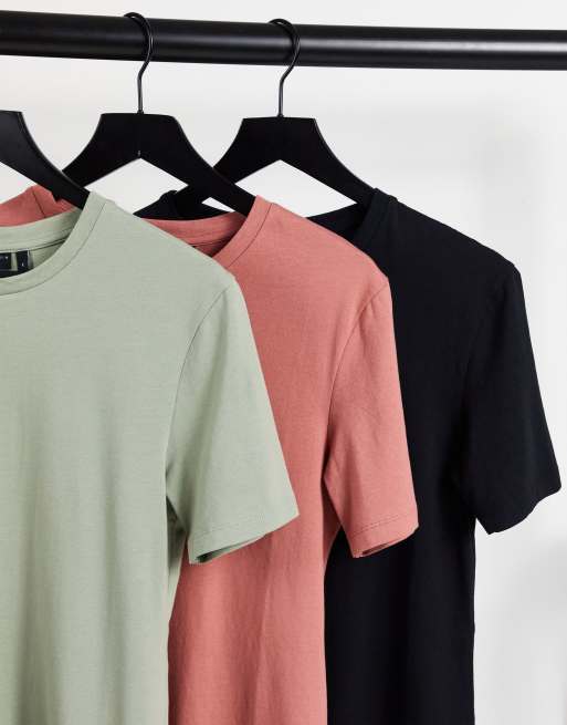 Pack de 3 camisetas ajustadas de color caqui, rosa y negro con cuello redondo de ASOS DESIGN, 4 de 4