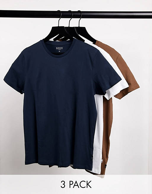 Pack de 3 camisetas de algodón orgánico en azul marino, blanco y tostado de Burton Menswear
