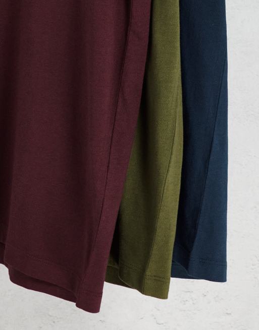 Pack de 3 camisetas de colo burdeos, caqui y azul marino con manga vuelta de ASOS DESIGN, 4 de 4