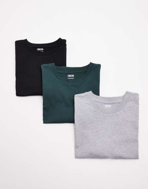 Pack de 3 camisetas de color negro, verde y gris básicas de corte estándar Essentials de ASOS DESIGN 